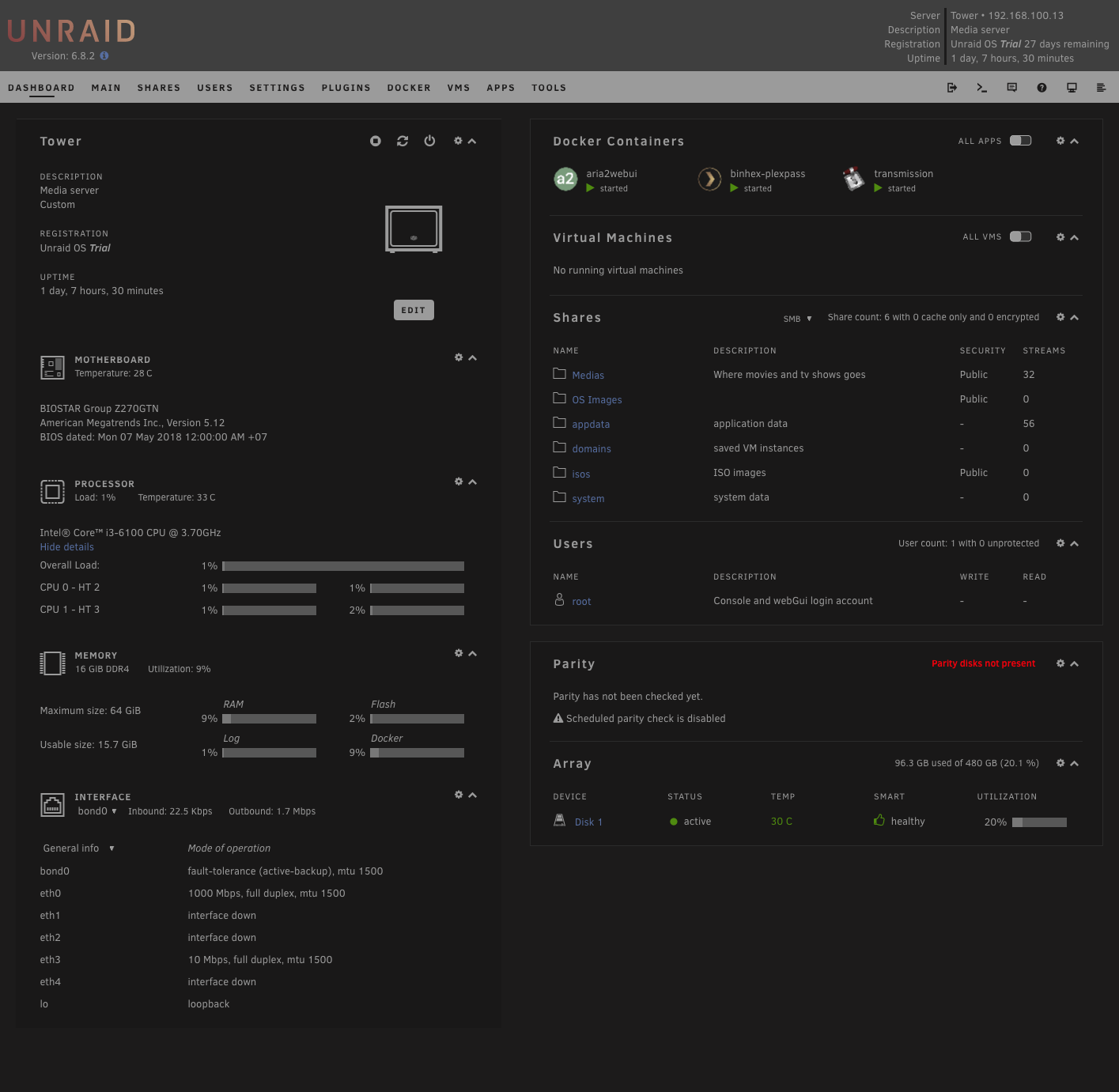 unRAID Dashboard